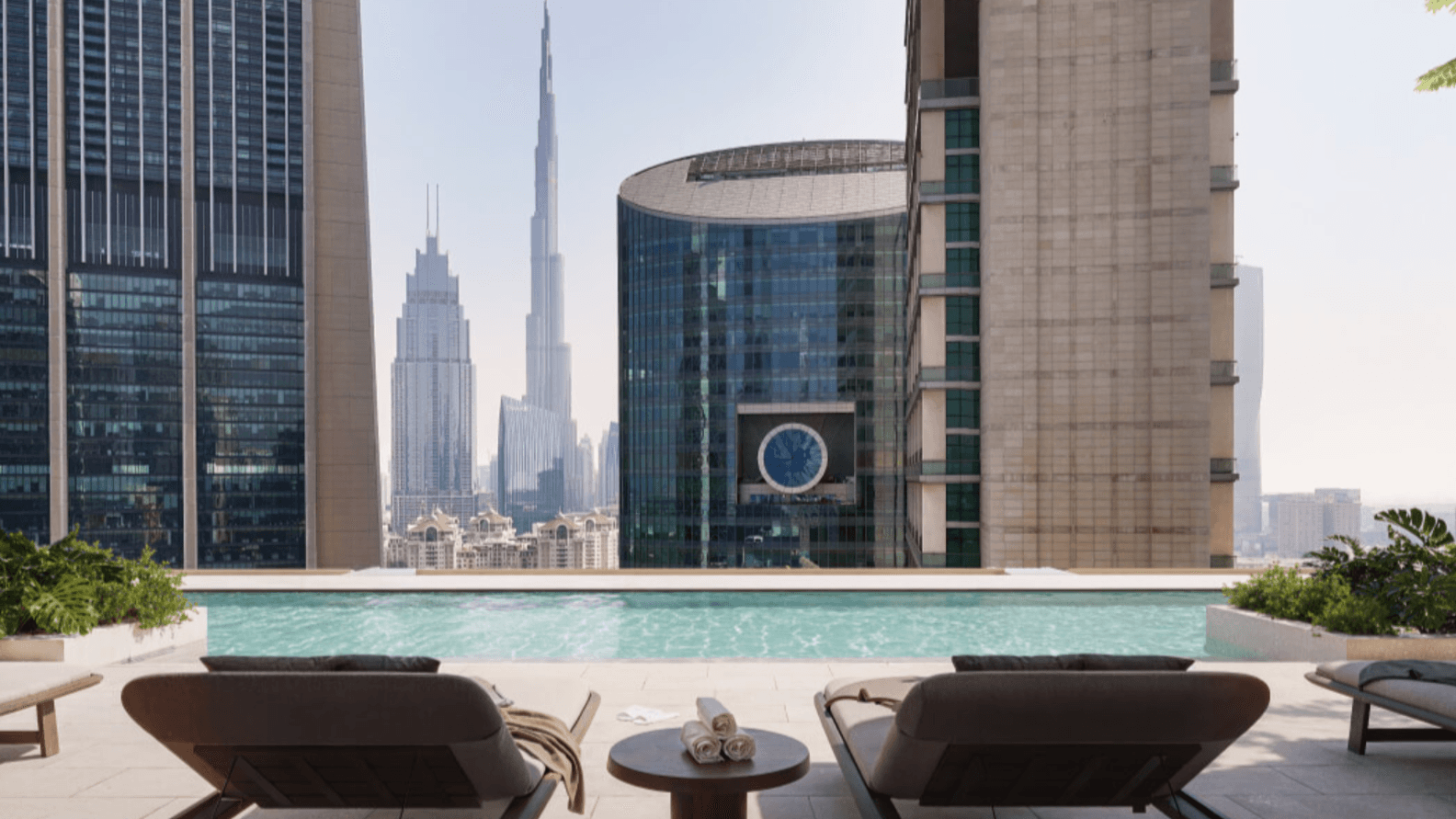 DIFC Heights Tower exterior swimming pool with burj khalifa views
