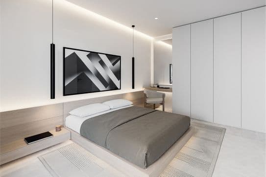 Minimalist bedroom with a platform bed, gray bedding, black pendant lights, abstract monochrome art, and a large white wardrobe.