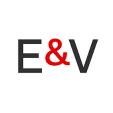 Logo with dark gray E and V separated by a red ampersand.