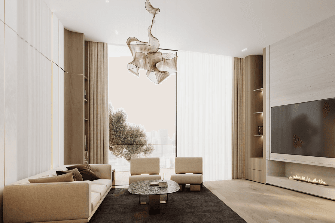 Modern living room with beige sofa, two chairs, abstract chandelier, large TV, and fireplace. Floor-to-ceiling windows with city view.