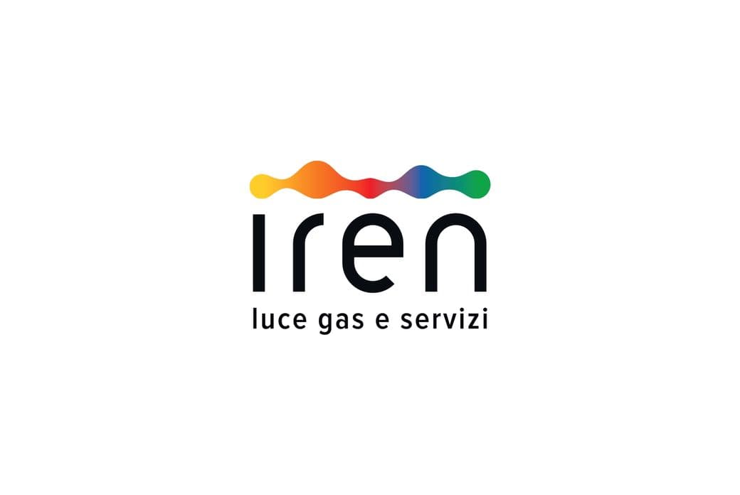 Logo of "iren" with colorful wave design above the text "luce gas e servizi" on a white background.