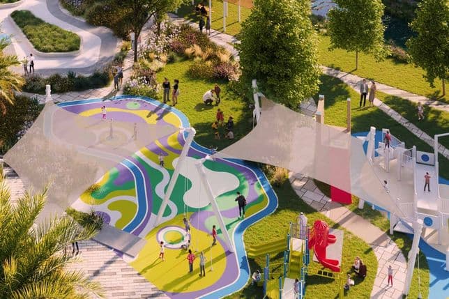Family-friendly park at Hayat Residences featuring shaded play areas, colorful children’s playground equipment, and landscaped walking paths.