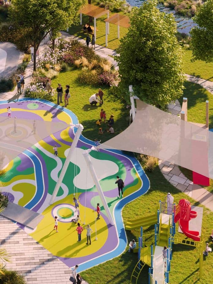 Family-friendly park at Hayat Residences featuring shaded play areas, colorful children’s playground equipment, and landscaped walking paths.