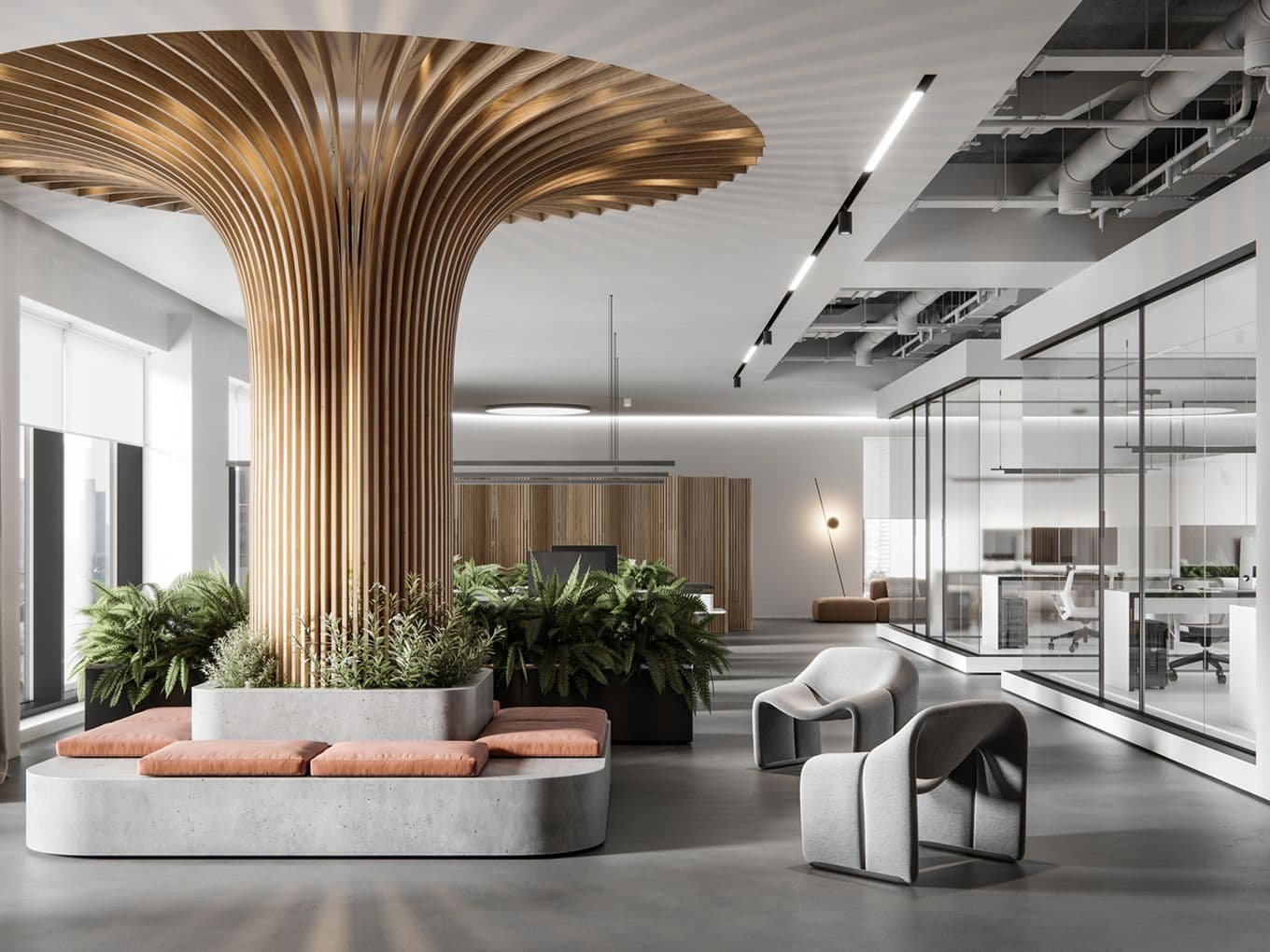 Modern office interior with a unique wooden ceiling feature, plants, sleek furniture, and large windows for natural light.