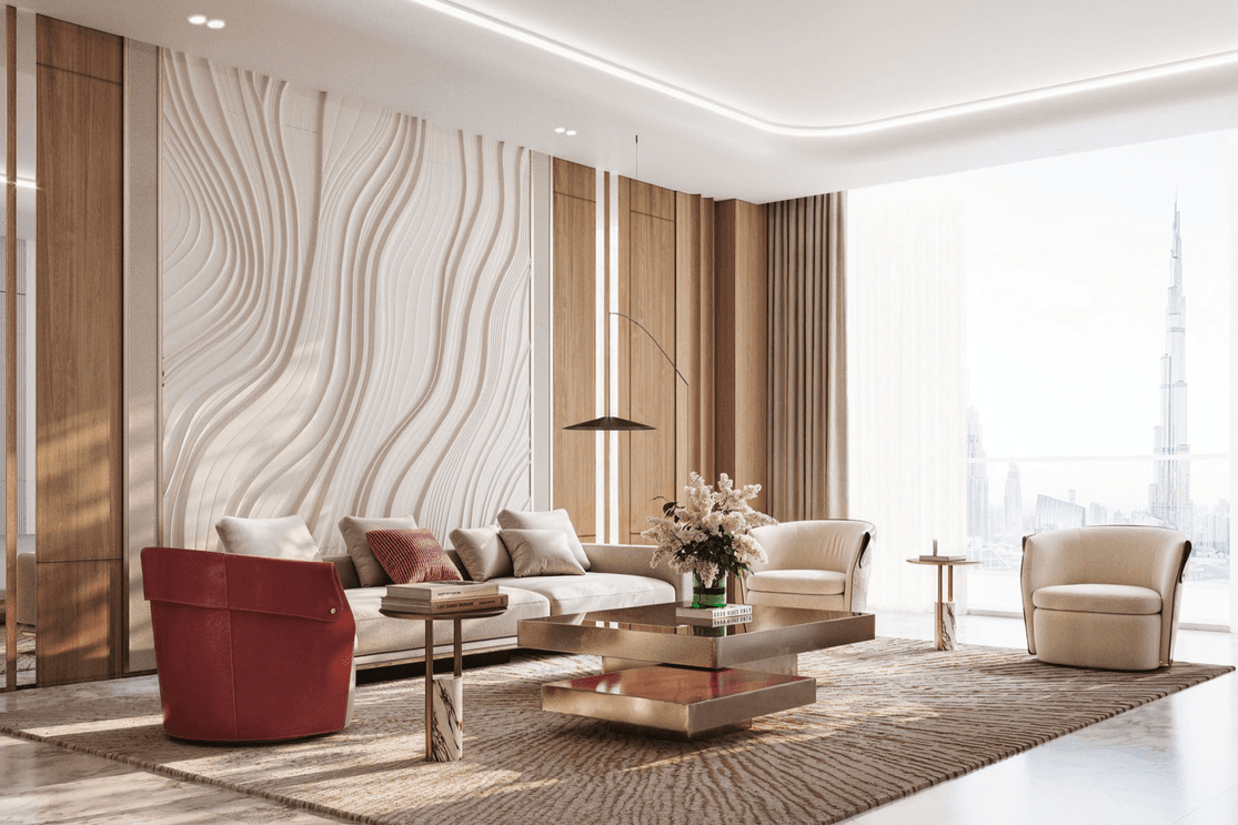 Lounge area with modern finishes at Binghatti Skyblade