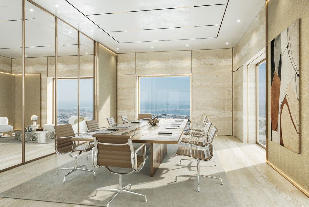 an option of an AHS Tower meeting room, with creative yet corporate design. Featuring floor to ceiling marbling