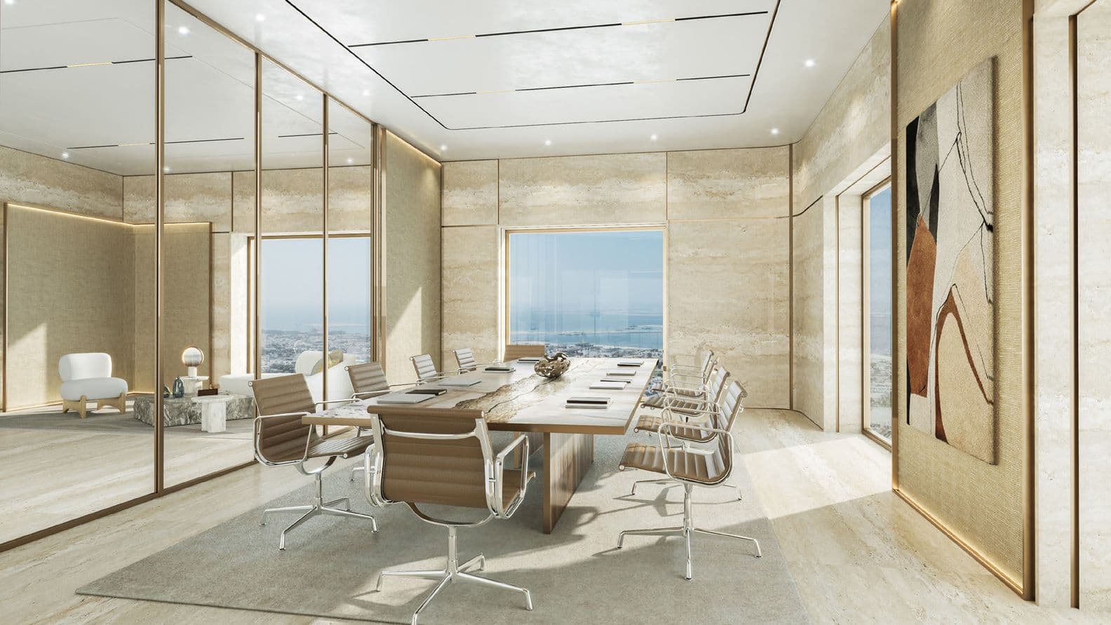 an option of an AHS Tower meeting room, with creative yet corporate design. Featuring floor to ceiling marbling