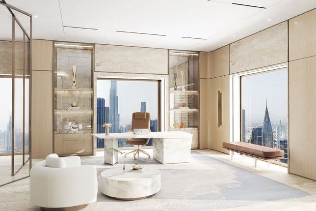 AHS tower example of an open office reception area with marble elements