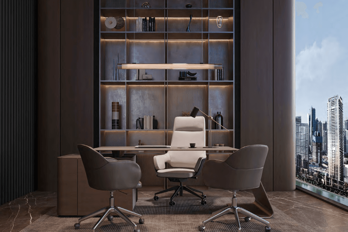 Modern office with sleek desk, white chair, and two dark chairs. Backlit shelves with decor and books. Large window showcasing city skyline.