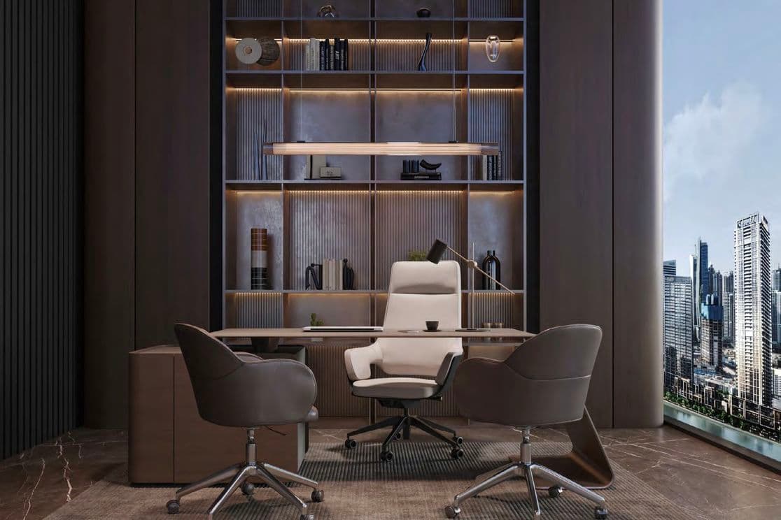 Modern office with sleek desk, two black chairs, and a white chair. Backlit bookshelves and large window with cityscape view.