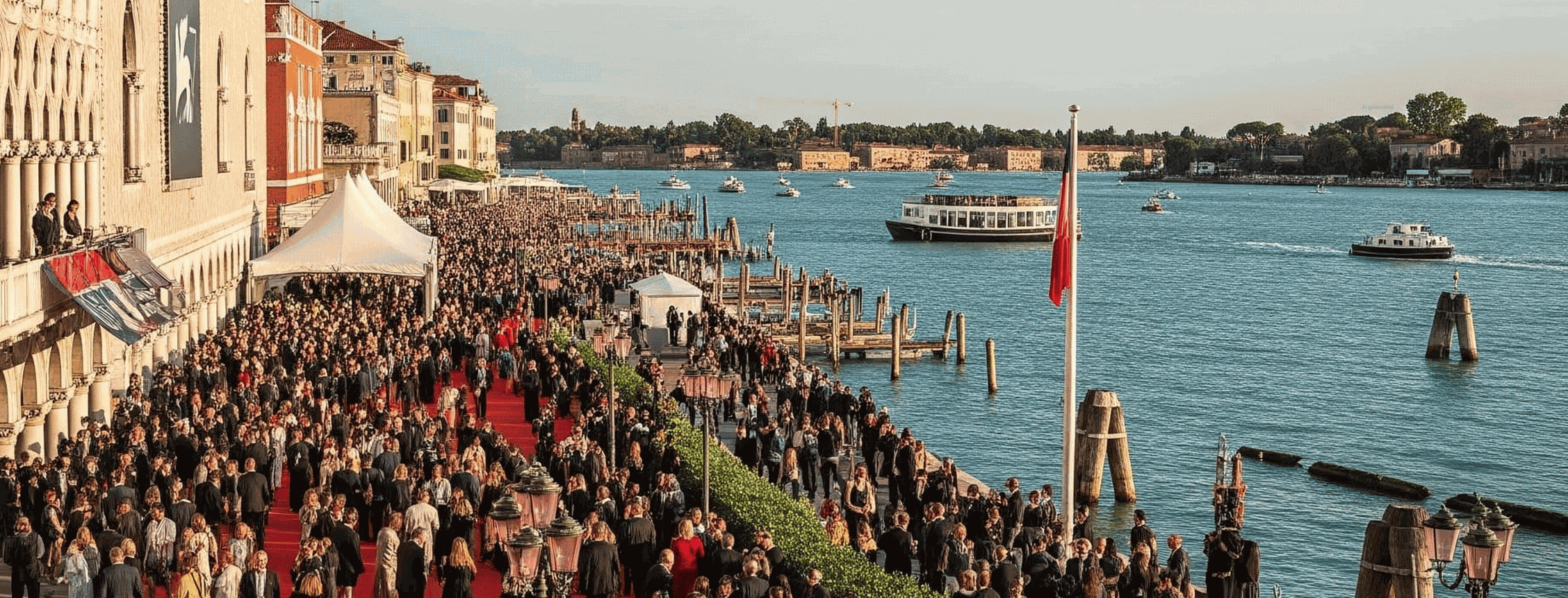 il canale di venezia con molte persone eleganti sopra un red carpet