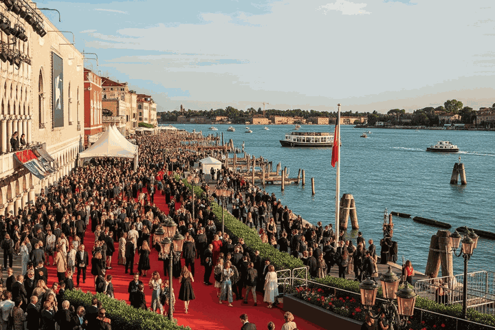 il canale di venezia con molte persone eleganti sopra un red carpet