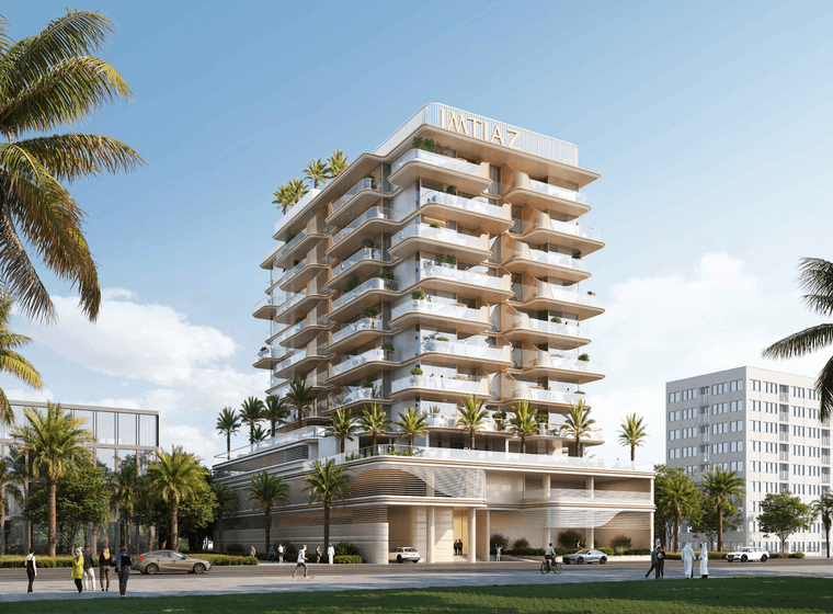 Front view of Sunset Bay 5 showing a mid rise residential building with layered balconies, integrated greenery, and a landscaped podium facing the community walkway.