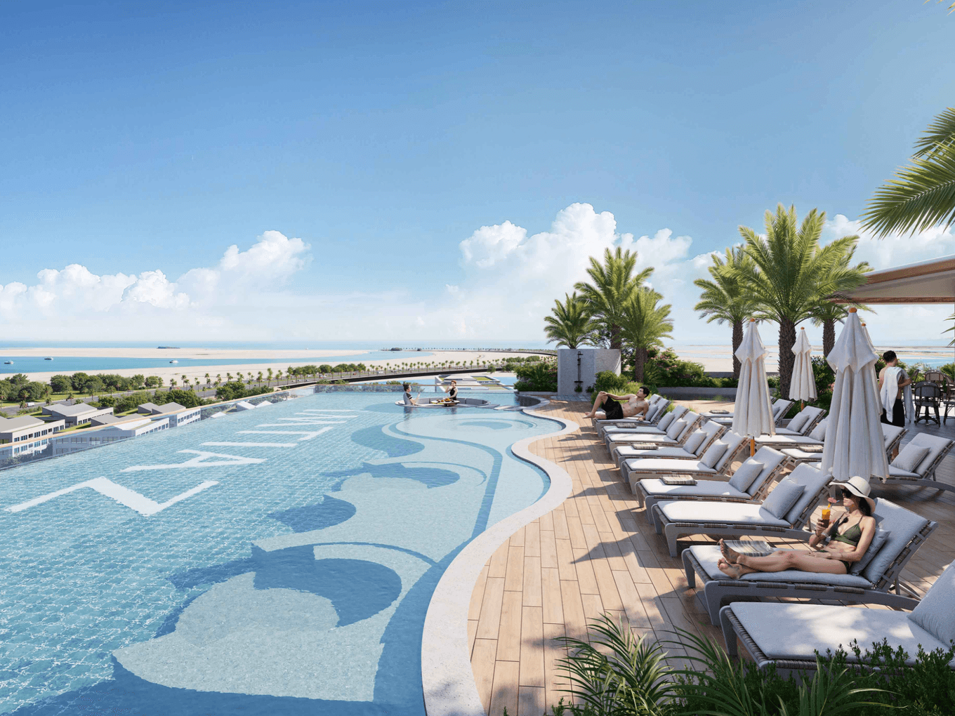 Outdoor pool area at Sunset Bay 5 featuring a large swimming pool with patterned detailing, sun loungers, shaded seating, and views across the beachfront and surrounding landscape.