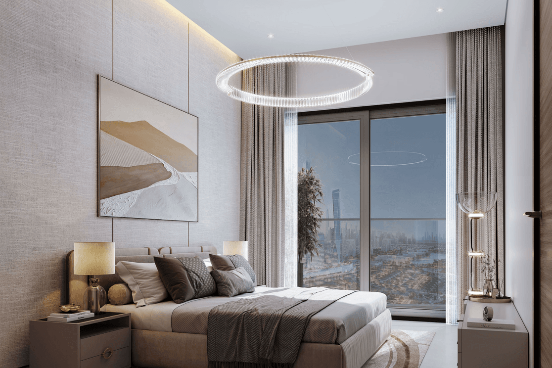 Modern bedroom with a large bed, abstract wall art, circular chandelier, floor-to-ceiling window, and city view. Neutral tones and sleek decor.