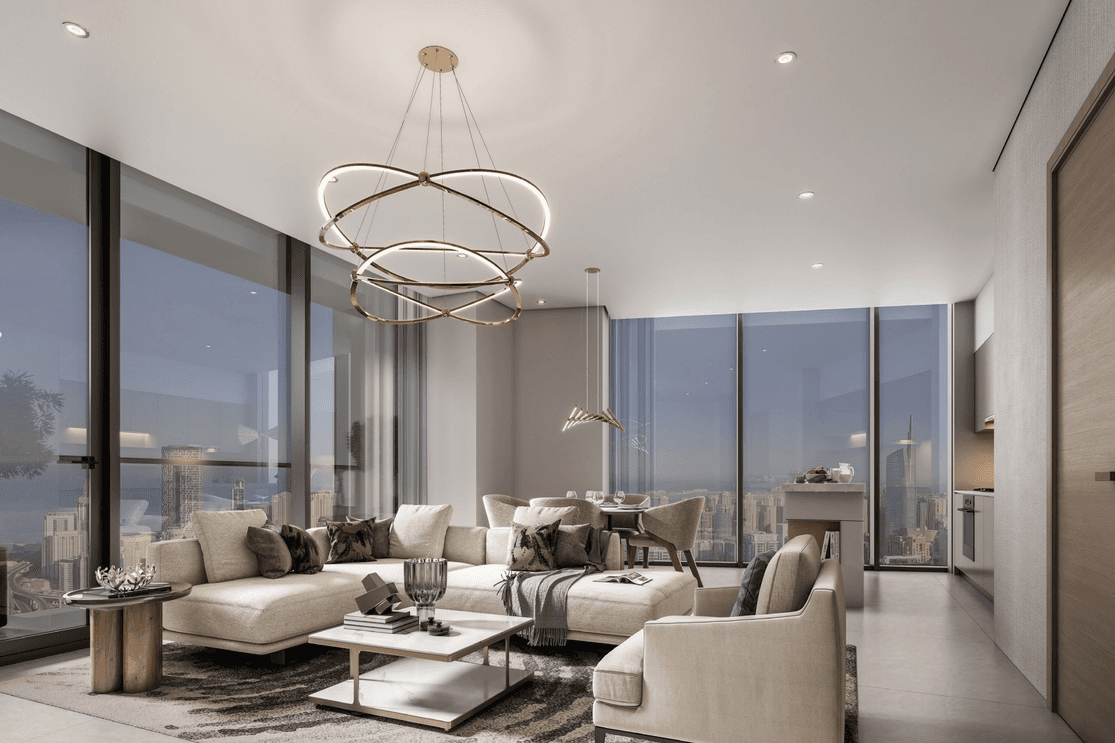 Modern living room with large windows, beige sofas, a geometric chandelier, and a cityscape view. Neutral tones and minimalist decor.
