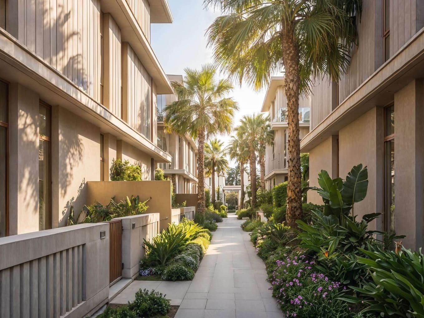 A sunny walkway lined with palm trees and lush gardens between modern residential buildings.