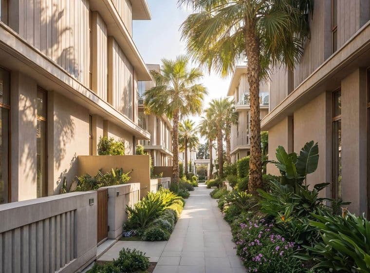 A sunny walkway lined with palm trees and lush gardens between modern residential buildings.