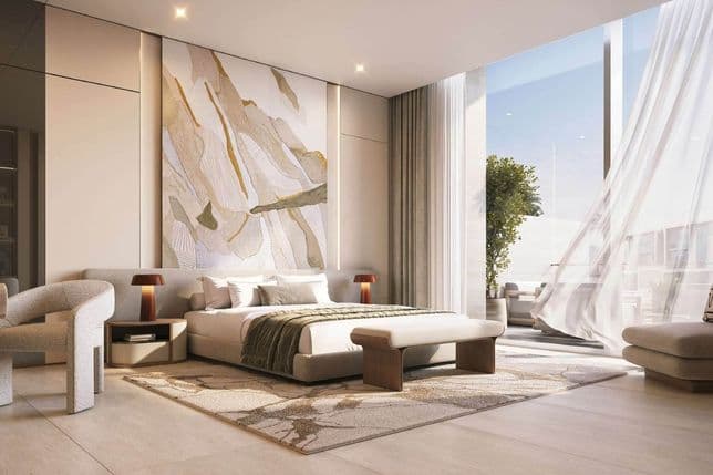 Modern bedroom with a large abstract mural, stylish furniture, and sheer curtains blowing near a large window overlooking a sunlit view.
