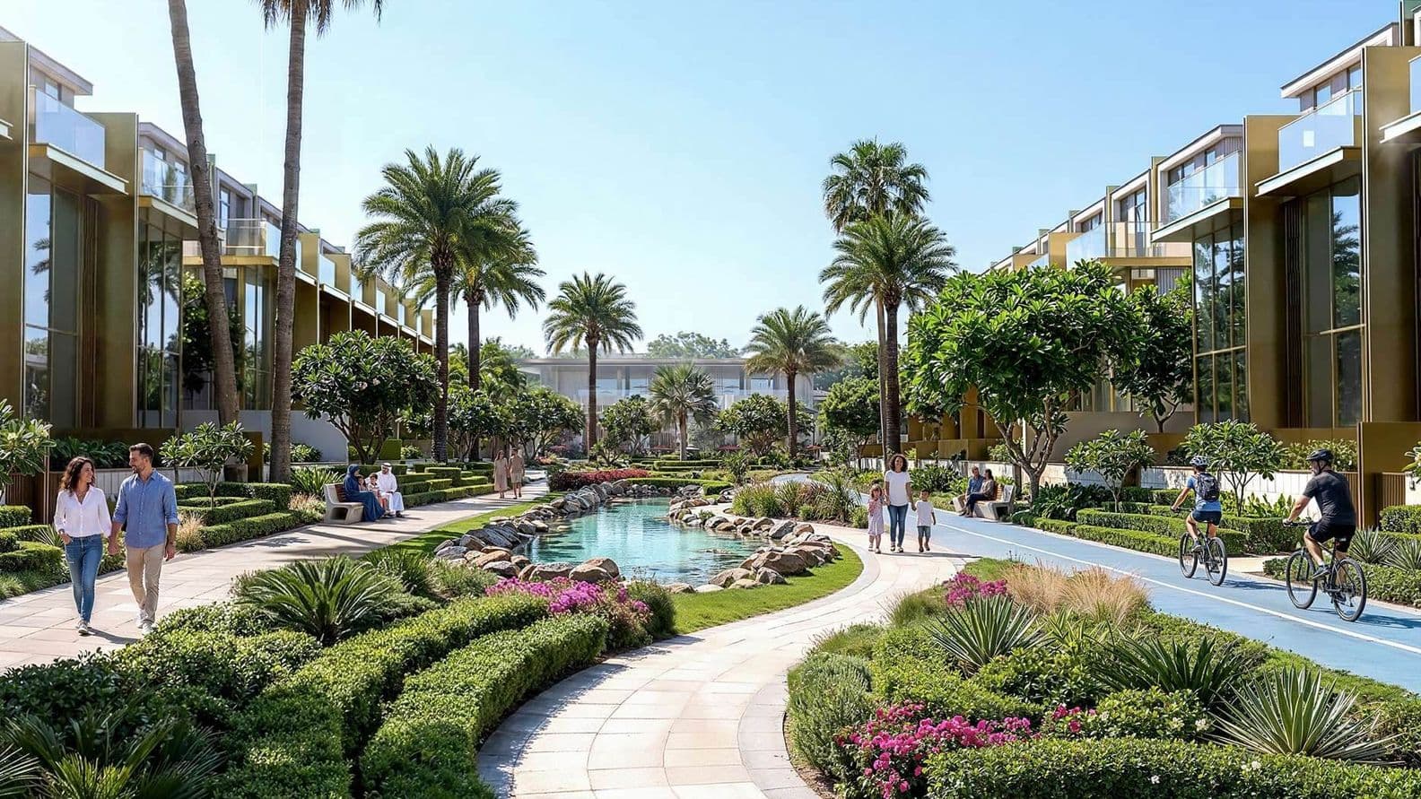 Modern residential complex with palm trees, walking paths, and pond. People stroll and cycle along landscaped greenery under clear blue sky.