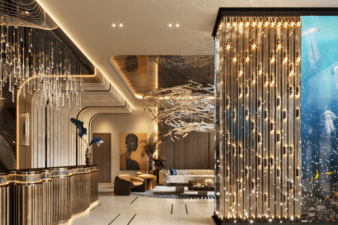 Lobby at Coventry Living in Jumeirah Village Circle featuring modern seating, warm finishes and a contemporary reception space.