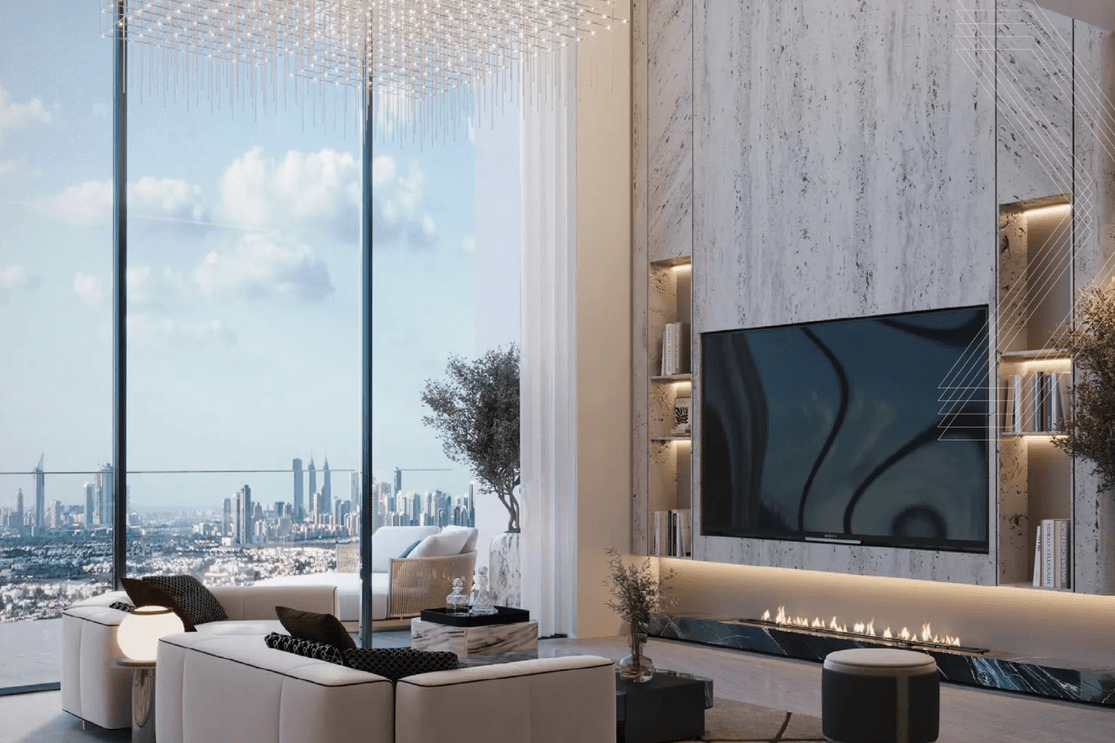 Living room at Voxa featuring large windows, modern furnishings, neutral interior finishes, and an open layout designed to enhance natural light.