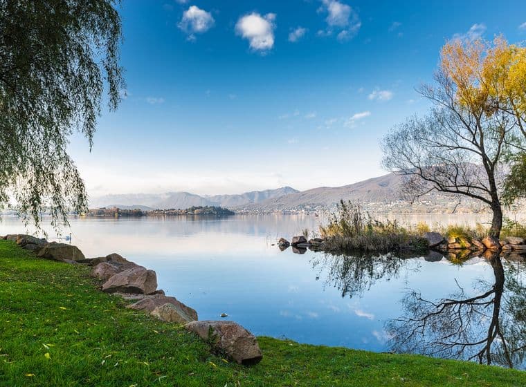A peaceful lakeside scene with perfectly still water reflecting the blue sky and scattered clouds. In the foreground is a grassy bank with rocks lining the shore, and trees with autumn foliage frame the image - a weeping willow on the left and a tree with golden leaves on the right. The mirror-like lake stretches to distant mountains, with a small island visible in the middle distance. The calm water creates perfect reflections of the surrounding landscape, creating a tranquil, symmetrical composition bathed in soft morning or evening light.