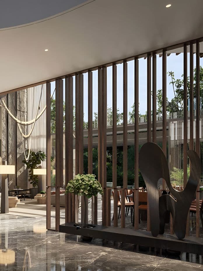 Modern interior with tall wooden slats, abstract sculpture, and large windows revealing greenery. Marble floor and contemporary furniture enhance elegance.