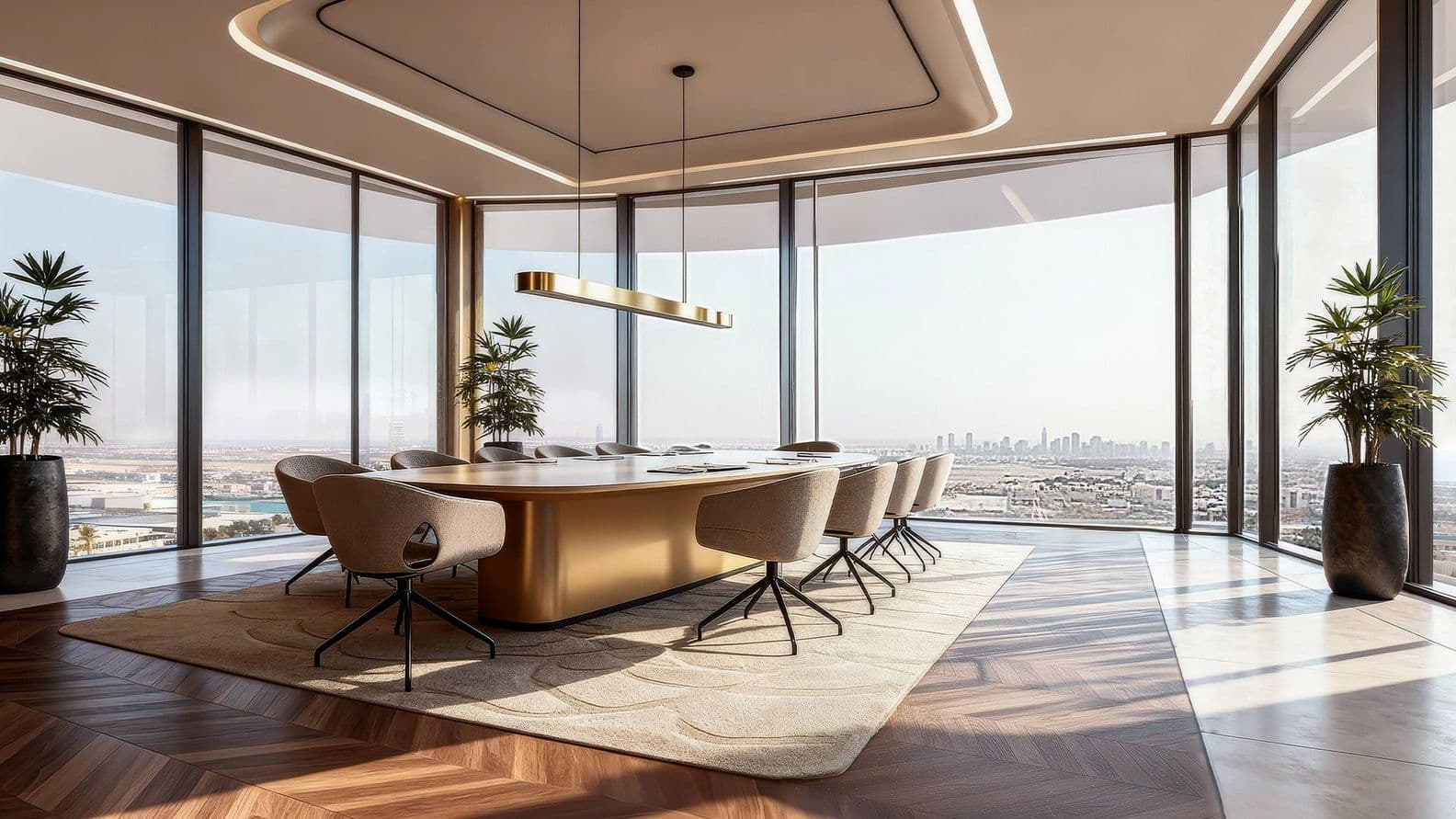 A luxurious executive boardroom at Shahrukhz featuring a large oval table, high-end chairs, floor-to-ceiling windows, and panoramic city views.