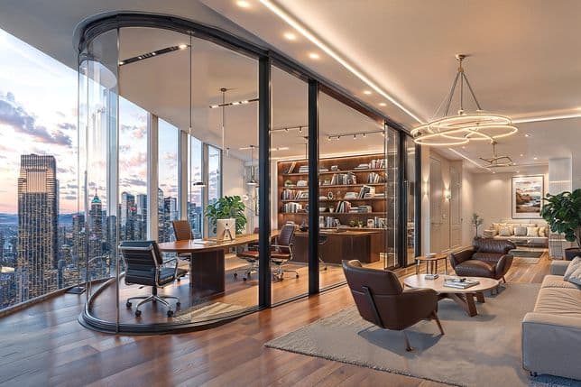 A high-end office suite at Shahrukhz with glass-partitioned meeting rooms, warm wood finishes, lounge seating, and sweeping skyline views at sunset.