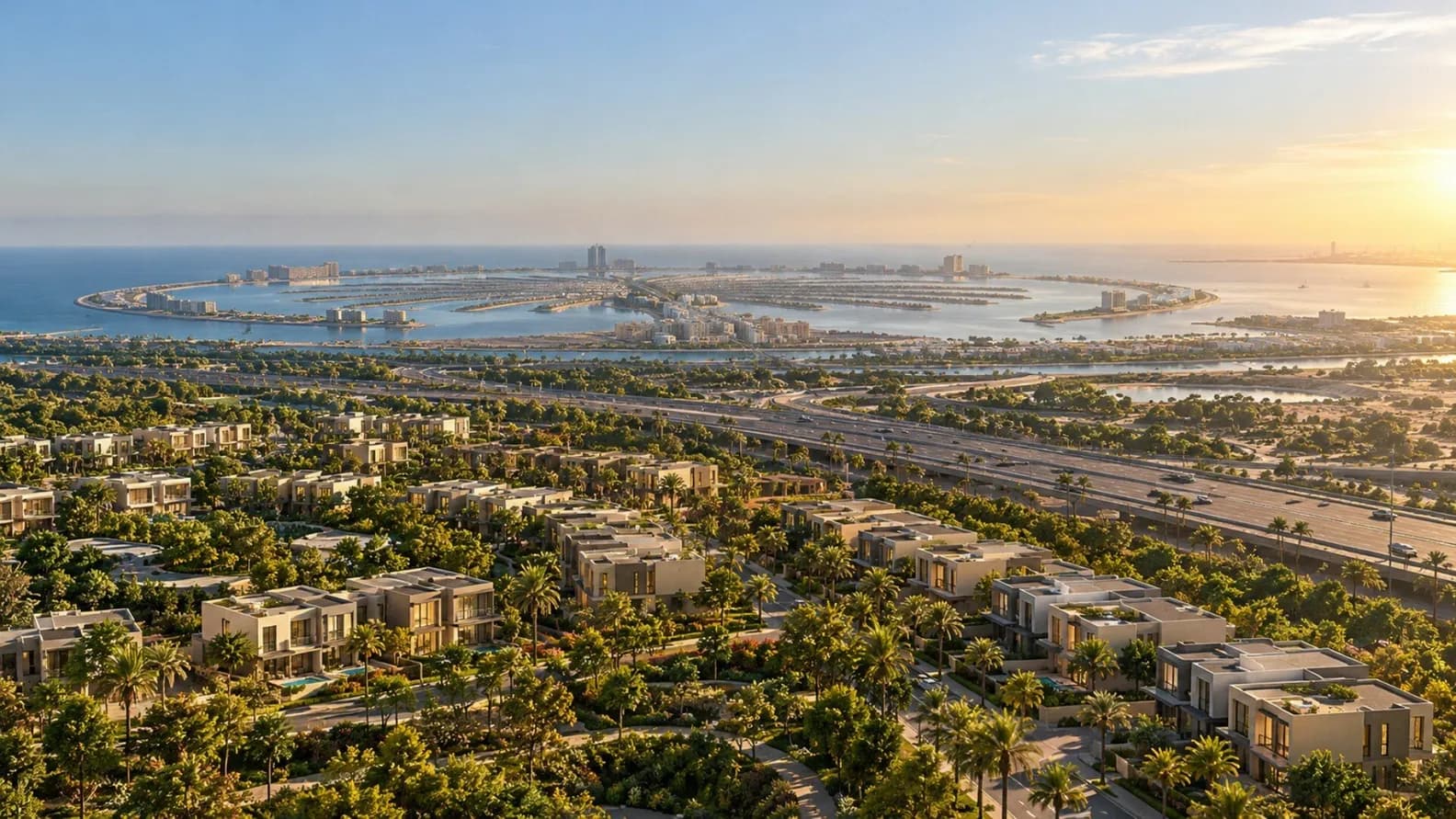 Aerial view of a coastal city with a ring-shaped artificial island and palm-fringed developments, lush greenery, and a golden sunset.