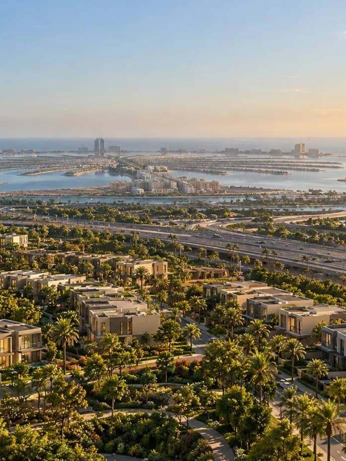 Aerial view of a coastal city with a ring-shaped artificial island and palm-fringed developments, lush greenery, and a golden sunset.