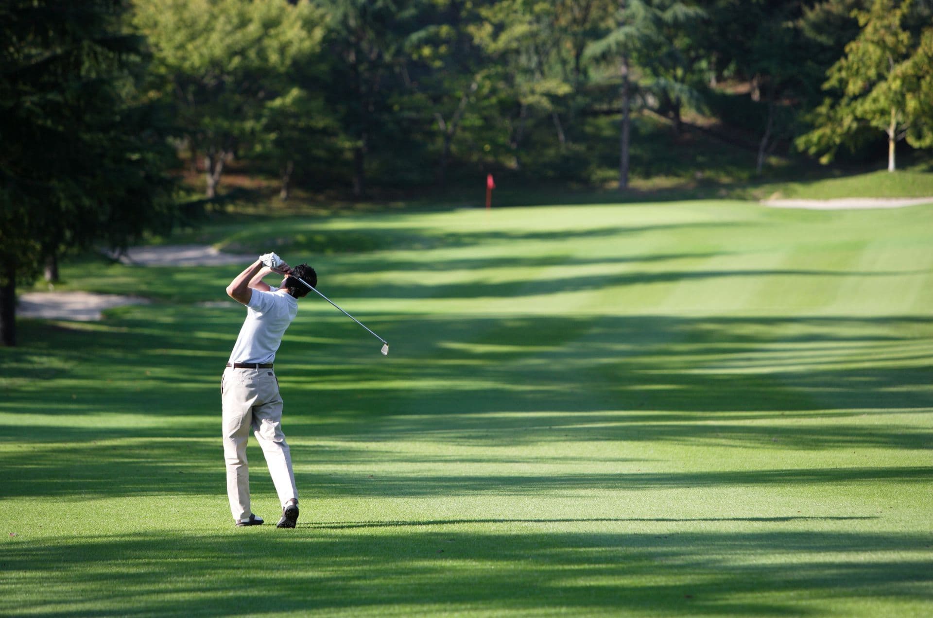 Giocatore di golf mentre si prepara al tiro su un campo erboso verde, circondato da prati ben curati.