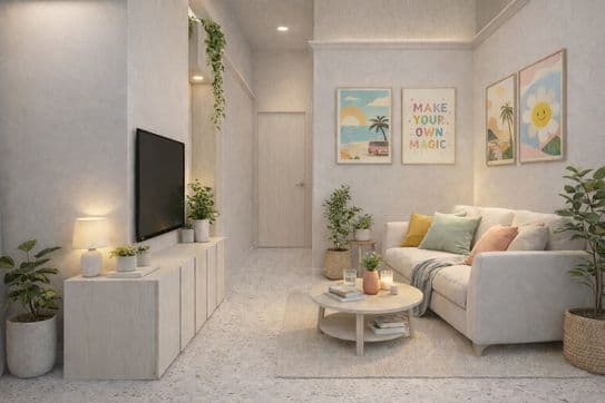 Cozy neutral living room with pale sofa, pastel pillows, round coffee table, wall TV, plants and colorful framed prints.
