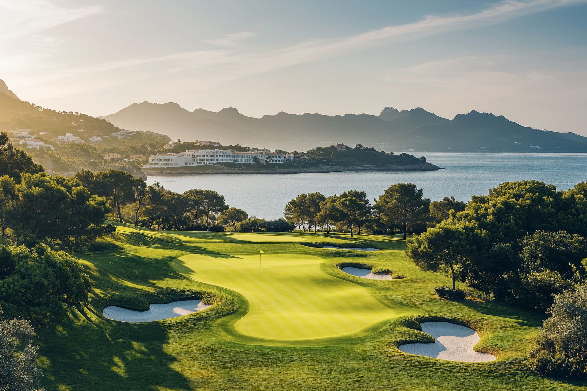 Panoramic view of a golf resort with views of the sea and mountains.