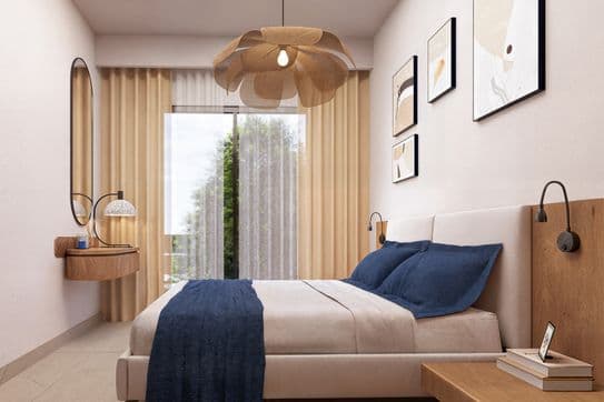 Modern bedroom with a beige bed, blue bedding, and wooden accents. Features wall art, a large window with sheer curtains, and a unique pendant light.