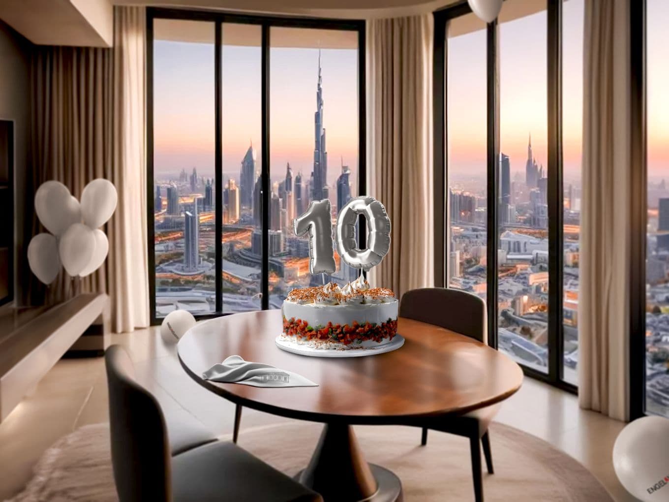 Room with a round table, cake with "10" balloons, and a view of a city skyline at sunset. White balloons decorate the space.