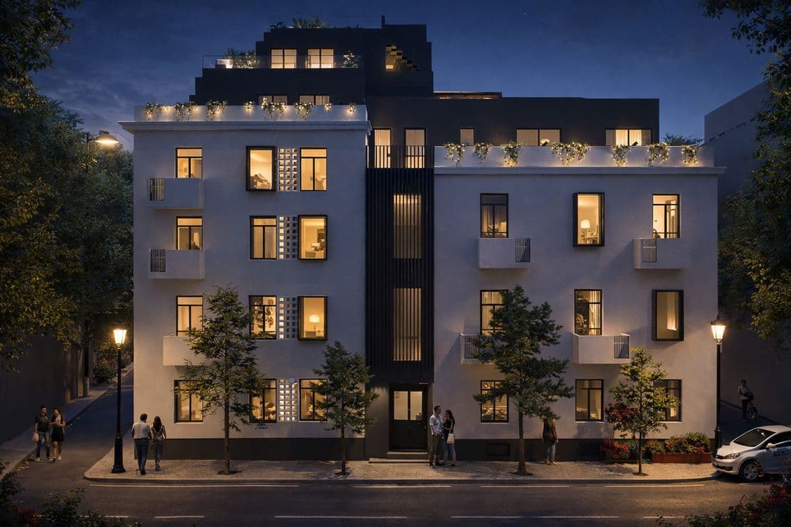 Night view of a modern apartment building with warm-lit windows, balconies, rooftop plants and pedestrians.