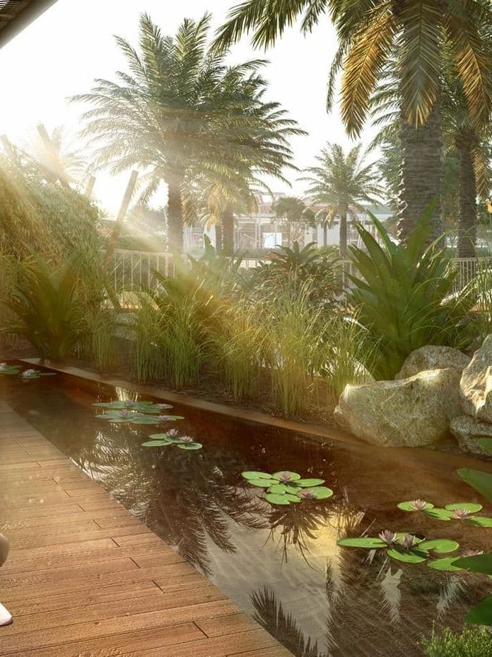 Two women practicing yoga outdoors by a pond, surrounded by lush plants and palm trees, with sunlight streaming through a pergola.