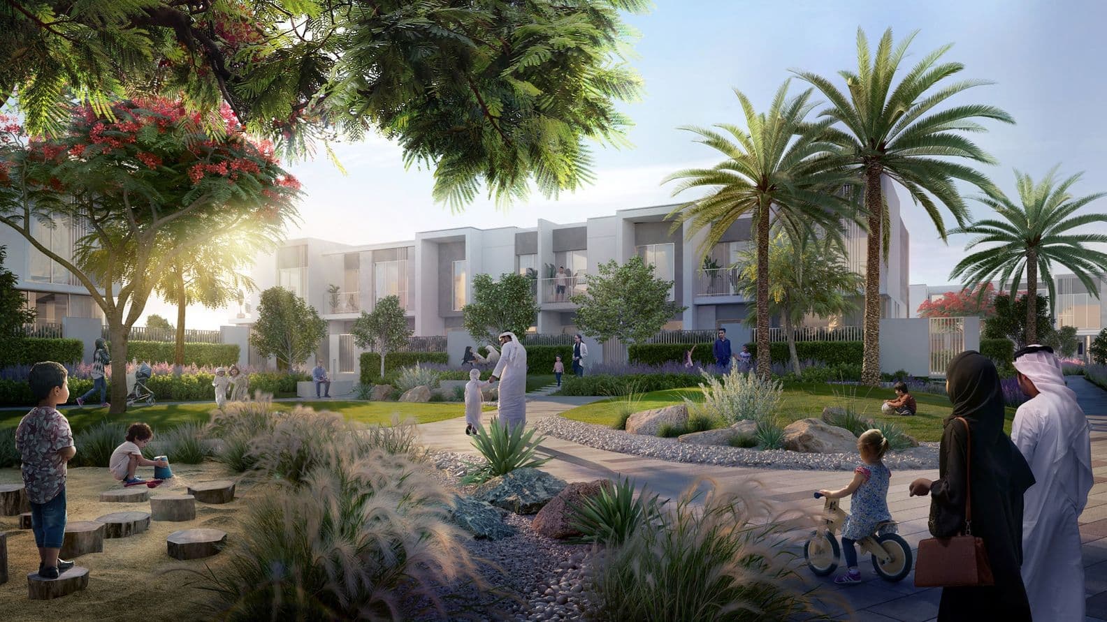 A vibrant community park with people walking, children playing, and modern white buildings surrounded by lush greenery and palm trees.