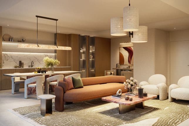 Stylish interior of an apartment at Sera 2, Rashid Yachts & Marina, with modern open-plan living room, dining space, and luxury finishes in warm neutral tones.