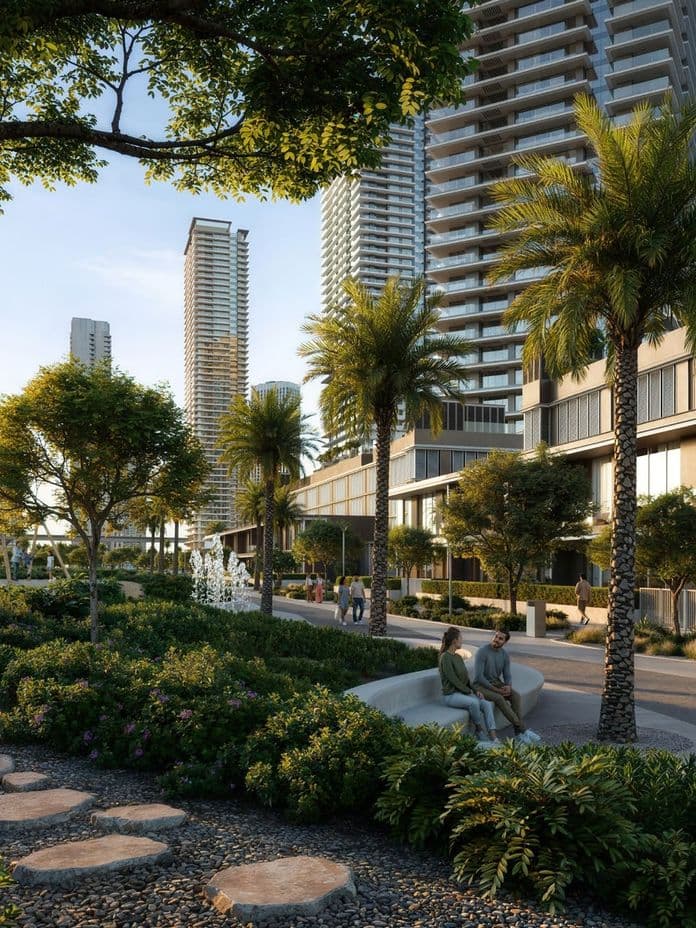 Tree-lined walkways, water features, and seating areas with residential towers in the background.