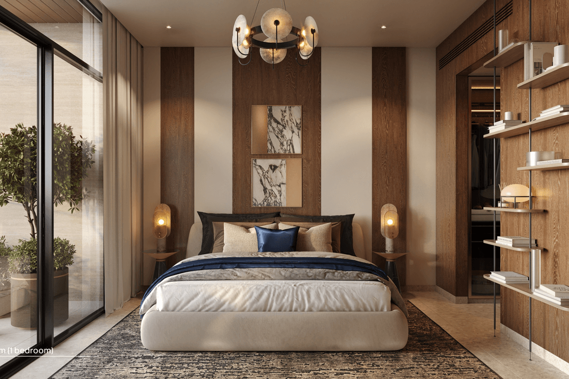 Bedroom at Coventry Living in Jumeirah Village Circle featuring warm interiors, large windows and contemporary finishes.