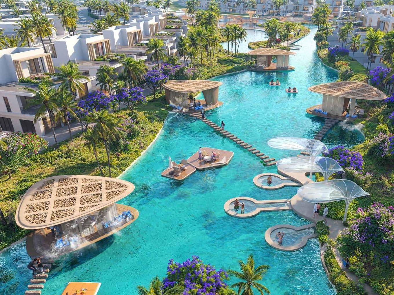 Luxurious villas surrounded by lush greenery and purple flowers, with an azure swimming pool featuring floating platforms and modern shelters.
