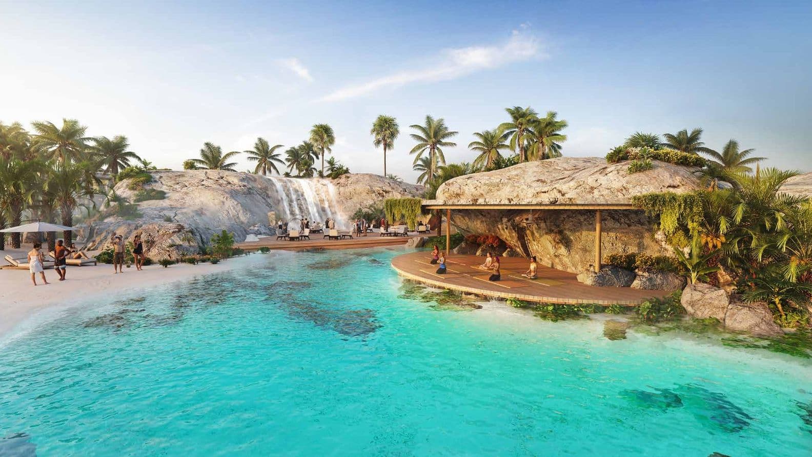 Tropical paradise with a waterfall, palm trees, clear blue water, and people relaxing on the beach and doing yoga on a deck.