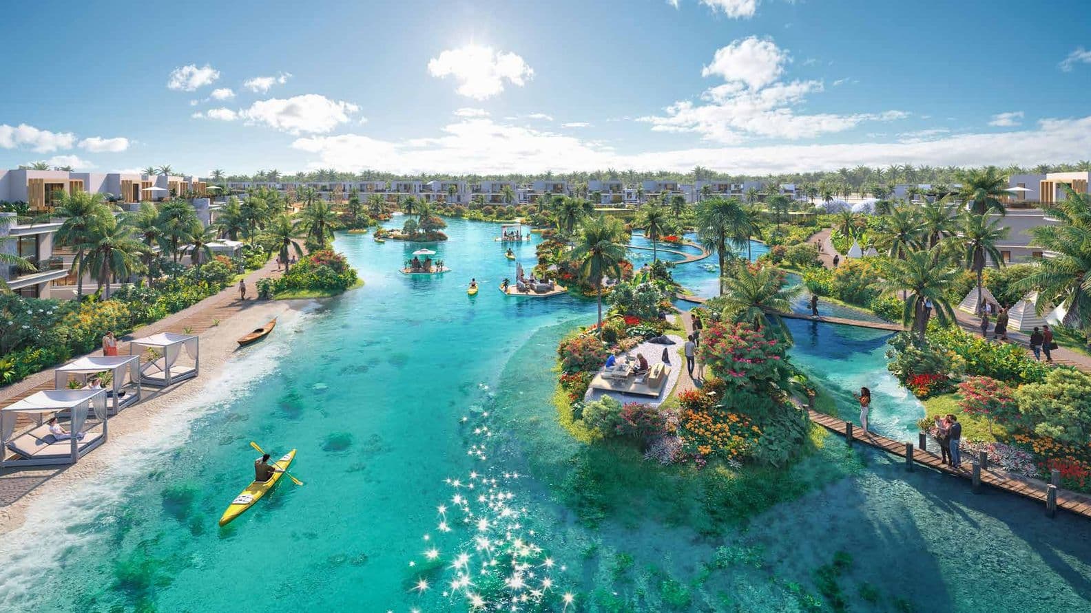 Tropical lagoon scene with people kayaking and relaxing by the water, surrounded by lush greenery and modern villas under a sunny sky.