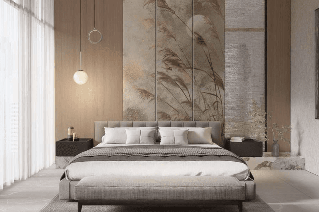 Bellagio Schlafzimmer mit großen Fenstern, sanften Farbtönen und hochwertigen Innenraumdetails.