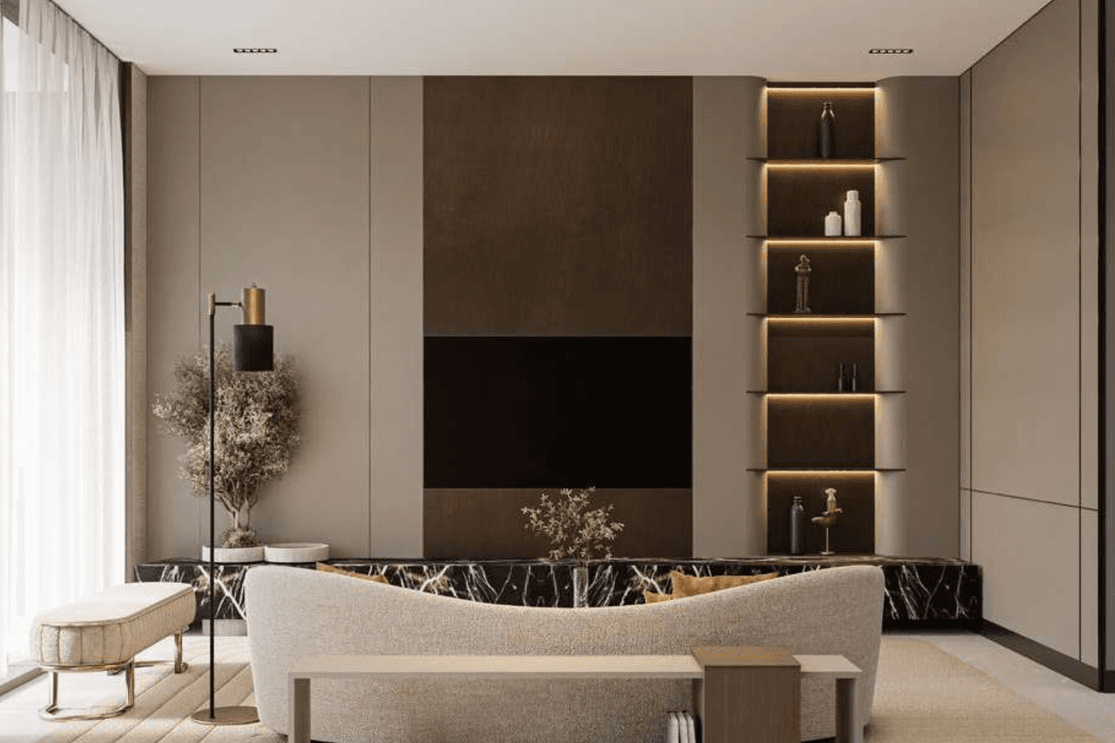 Modernes Wohnzimmer im Bellagio mit großen Fenstern, sanften Farbtönen und hochwertigen Innenraumdetails.