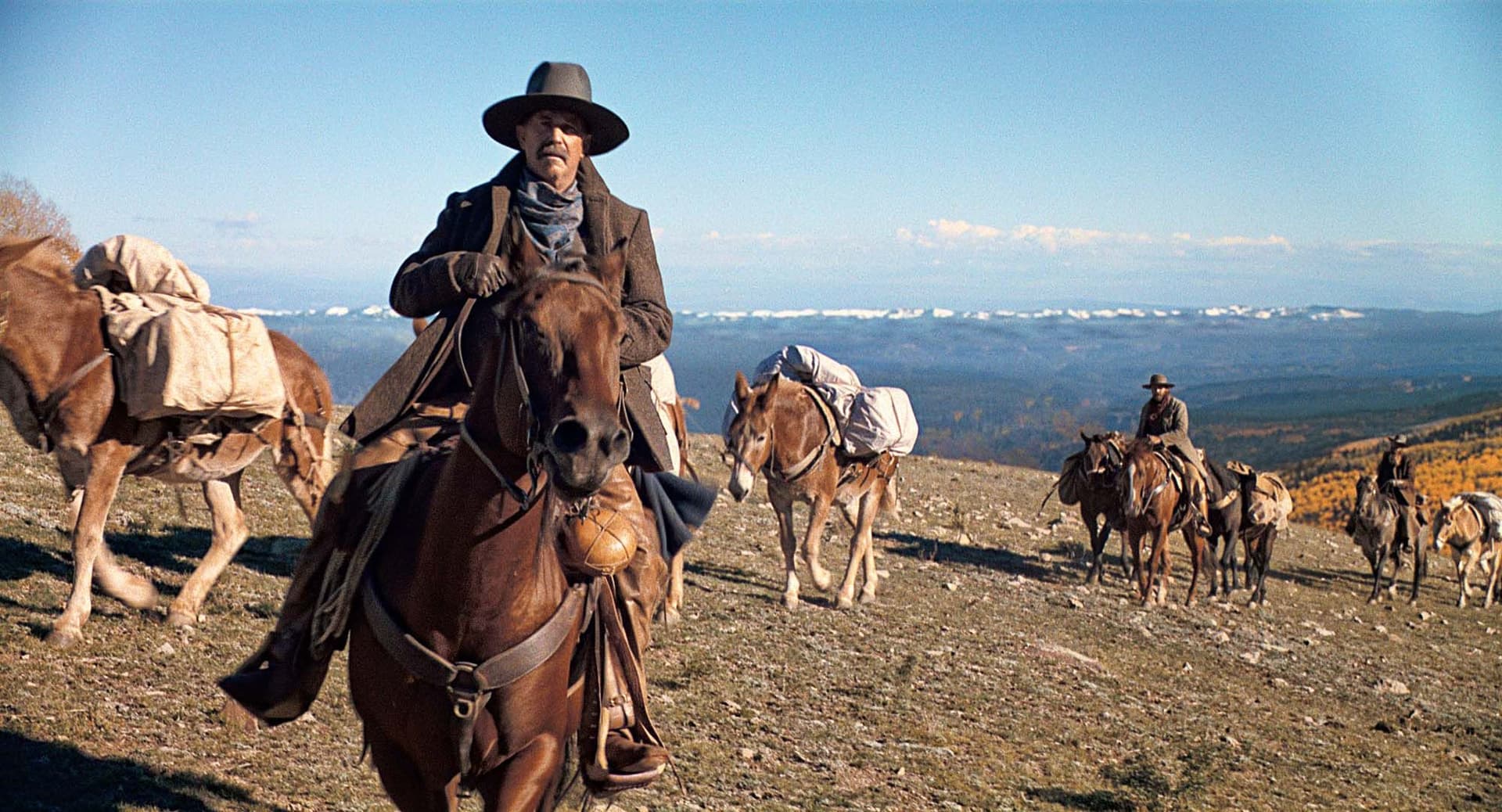A man in a hat rides a horse, leading a pack train of mules across a grassy hillside with mountains in the background.