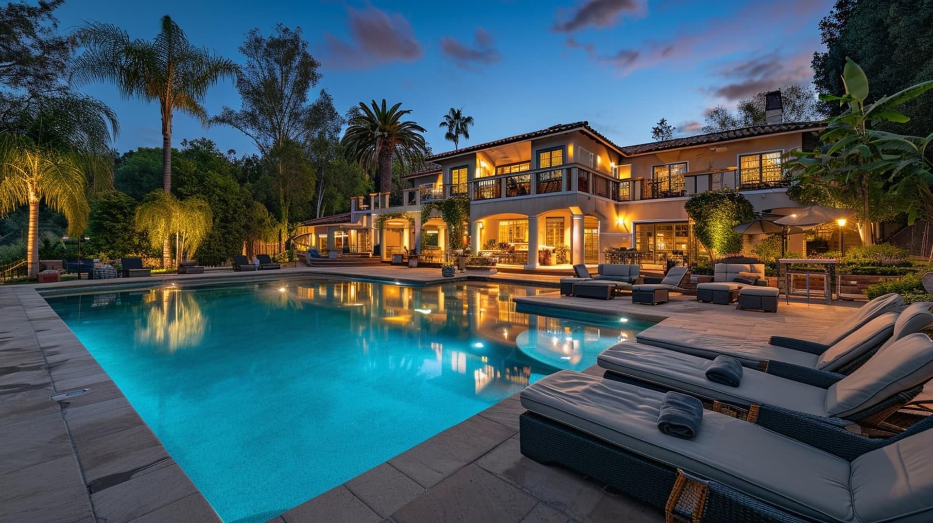 Luxury villa with calm lights and asian tree with the sunset behind